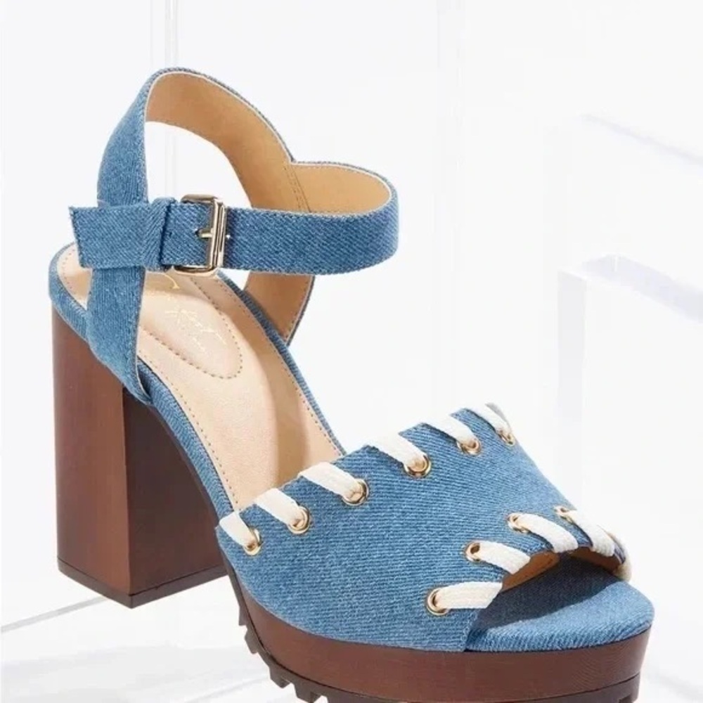 Cato Denim Blue Platform Ankle-Strap Heel with Gold Eyelets Size 12